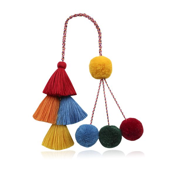 

trendy bohemian bag hanging accessories women's 2 layers tassel key chain cotton round bag long rope chain pendant for women, Silver