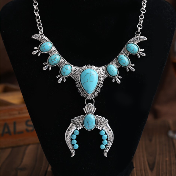 

silver plated alloy ox head shape stackable green turquoises stone pendant link chain necklace decoration jewelry