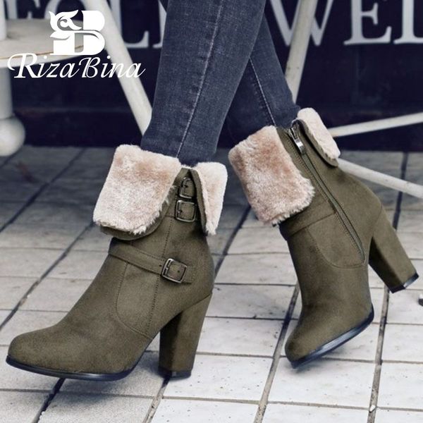 

rizabina 4 color winter plush fur office ladies ankle boots keep warm zipper buckle high heel shoes woman botas size 34-43, Black