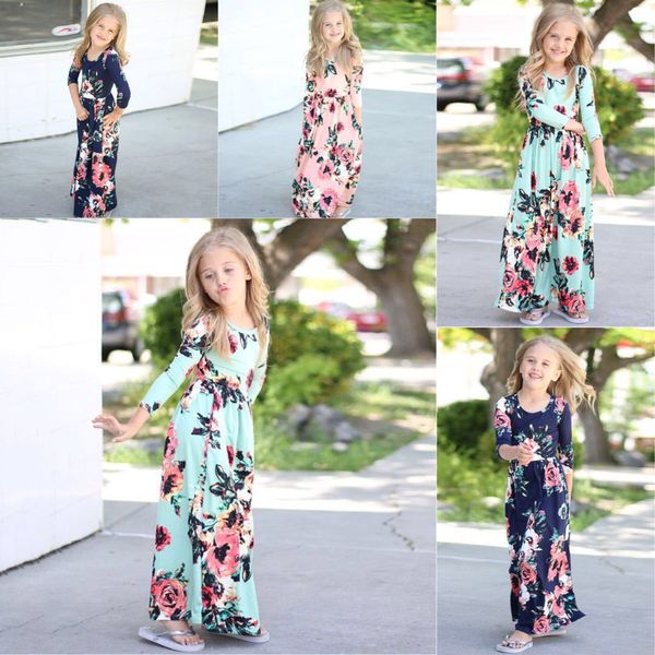

kids girls dresses floral printed dress summer beach dress maxi dress elegant long sleeve dresses toddler o-neck long dresses yfa711, Red;yellow