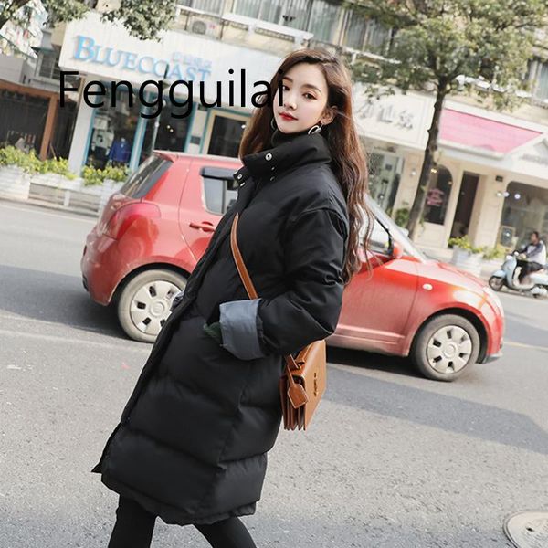 

winter women's long cotton down jacket coat 2019 new solid color long sleeve fashion jacket loose large size black beige green