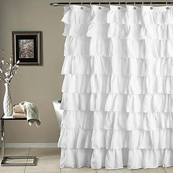 Branco cor liso À prova d 'água borda corrugada cortina de chuveiro babados banheiro cortina decoração banheira cortinas 180x180cm casa decoração