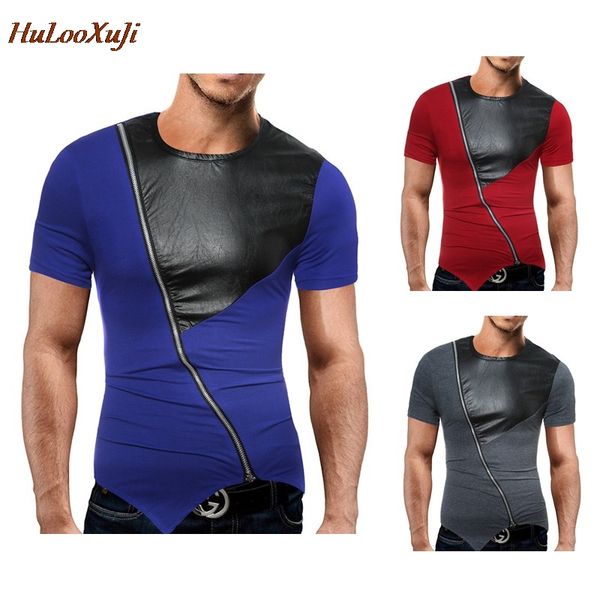 

hulooxuji men summer leisure t-shirts fashion leather stitching short sleeve t shirt cotton zipper decoration tees us size:xs, White;black