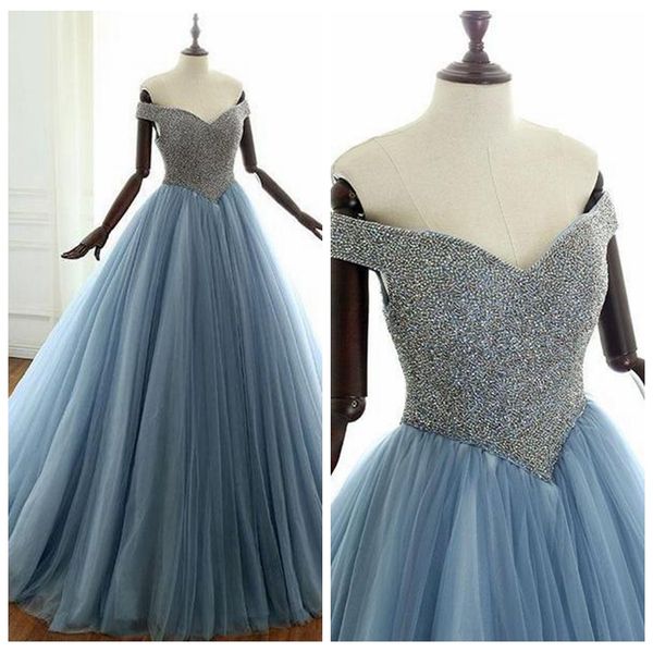 

glittering off-shoulder a-line tulle blue prom dresses major beading prom dresses with sleeves lace up back party dresses abiti da sposa, Black