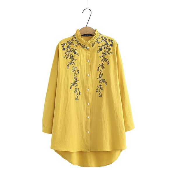 

women's blouses & shirts clothing spring summer 2021 casual cotton embroidery ruffled collar long sleeve loose white yellow women