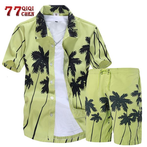 Conjunto havaiano masculino 2019 moda verão camisas florais + estampa praia shorts manga curta conjuntos de treino masculino ropa hombre