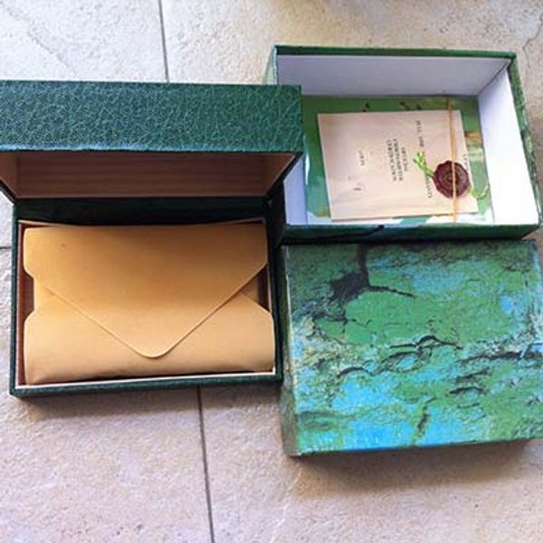 Caixa de relógio de luxo verde escuro de melhor qualidade, caixa de presente para relógios Rolex, livreto, etiquetas e papéis em caixas de relógios suíços em inglês