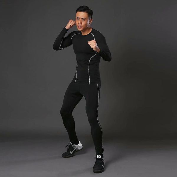 

men's second layer t-shirt leggings t-shirt long-sleeved men's compression shirt fitness clothes bodybuilding sports suit, White;black