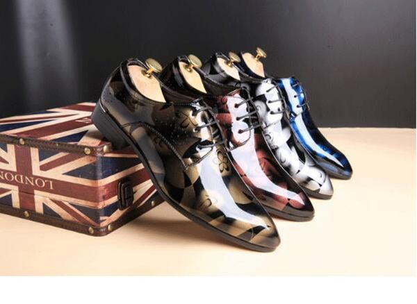

luxury fashion british men's shoes glitter print flats men shadow patent pu leather derby masculino groom business wedding oxford shoes, Black