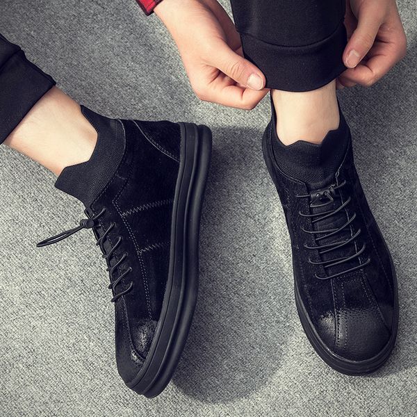 

retro men's shoes 2019 new style casual shoes hong kong style shoe versatile korean-style fashion wa zi xie pigskin men's shoe, Black