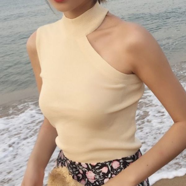 

women halter neck off-shoulder knitted cropped tank female bodycon tanks sleeveless basic solid t shirts tees camisole, White