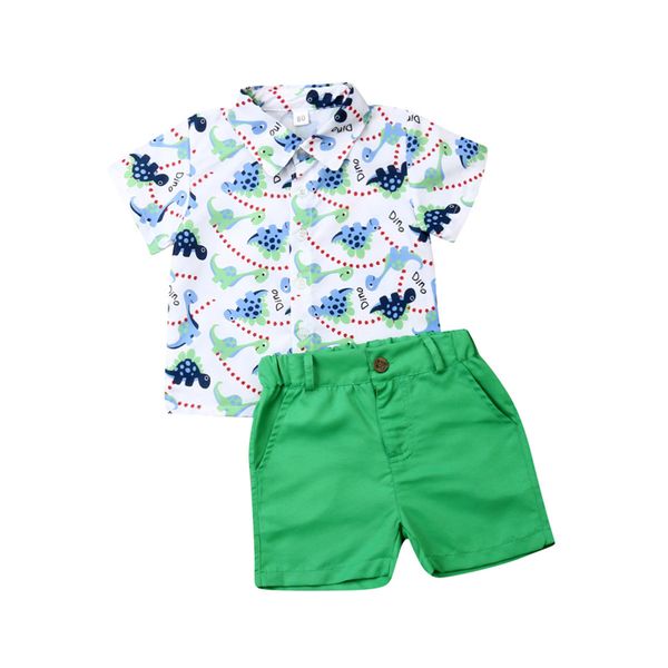 

2020 fashion kids baby boys summer clothes cartoon dinosaur shirt green casual short pants 2pcs outfits, White