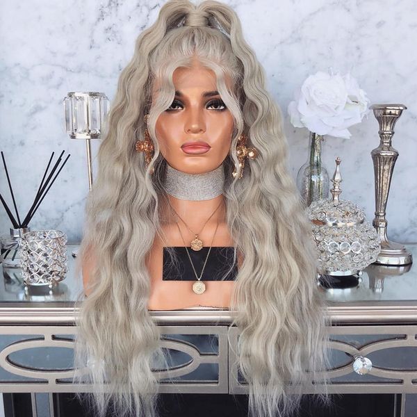

Free Shipping High Temperature Fiber Sliver Grey Synthetic Lace Front Wig With Baby Hair 180 Platinum Blonde Loose Wave Wigs For Women