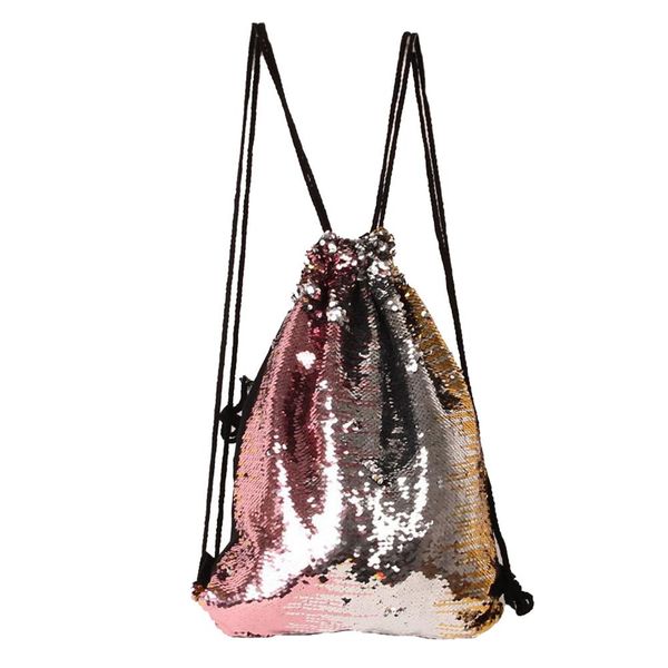 

women glitter reversible sequined drawstring backpack sport travel storage bag gift