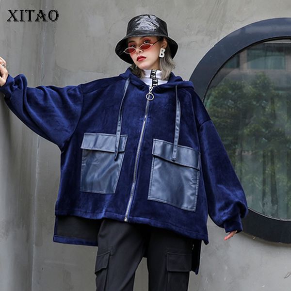 

xitao irregular pleated jacket women fashion new 2019 autumn pocket loose hooded collar elegant minority casual coat gcc2477, Black;brown