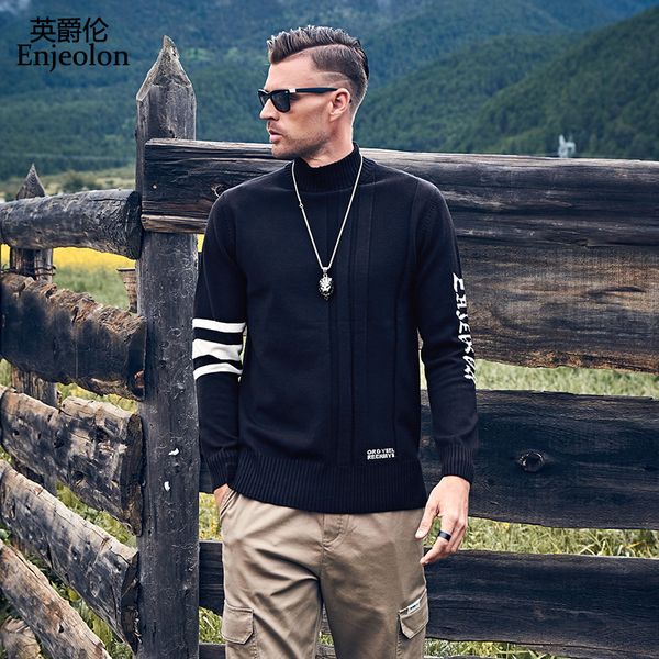 

enjeolon men's half turtleneck sweater 2020 autumn winter contrast color casual bottoming shirt knit pullover plus size my3449, White;black