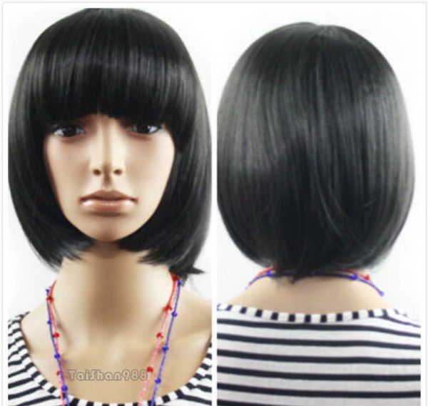 

fashion short black straight bangs bob women lady girl cosplay hair wig wigs+cap