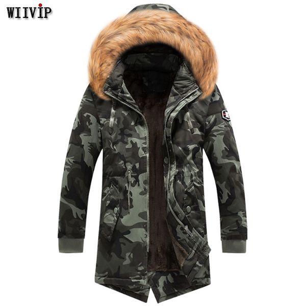 

l-3xl new man fashion full sleeve with hooded with fur trim casual camouflage long parka warm faux fur lining cotton coat yw326, Black