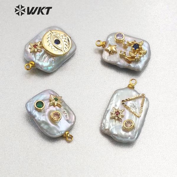 

wt-mp134 natural freshwater pearl&cz pave pendant rectangle shape with micro pave triangle star evil eye charm pendant, Silver