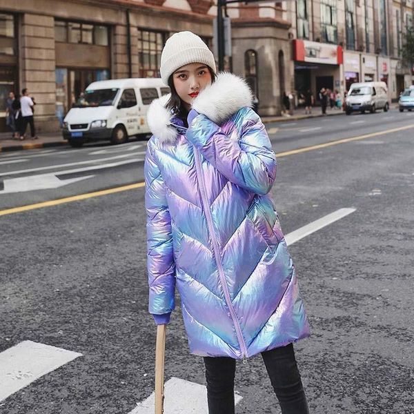 

metal bright fur collar casual hooded long parka bomber streetwear parka women winter warm cotton padded slim parkas, Black