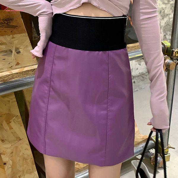

letter high waist pu leather skirts women sash zipper pencil mini skirt 2020 spring streetwear red purple skirts short, Black