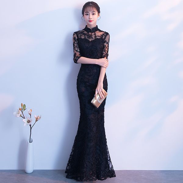 

black lace evening dress female long cheongsam slim chinese traditional dress women qipao for wedding party, Red