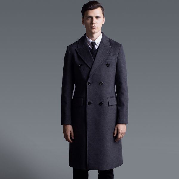 

men plus size autumn winter new simple woolen long coat mens robe outerwear fashion slim korean double breasted male trench coat, Black