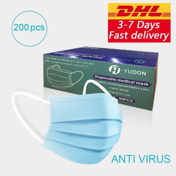 

200pcs masks 3-ply meltblown protective face blue non-woven mouth anti virus disposable mask kf94