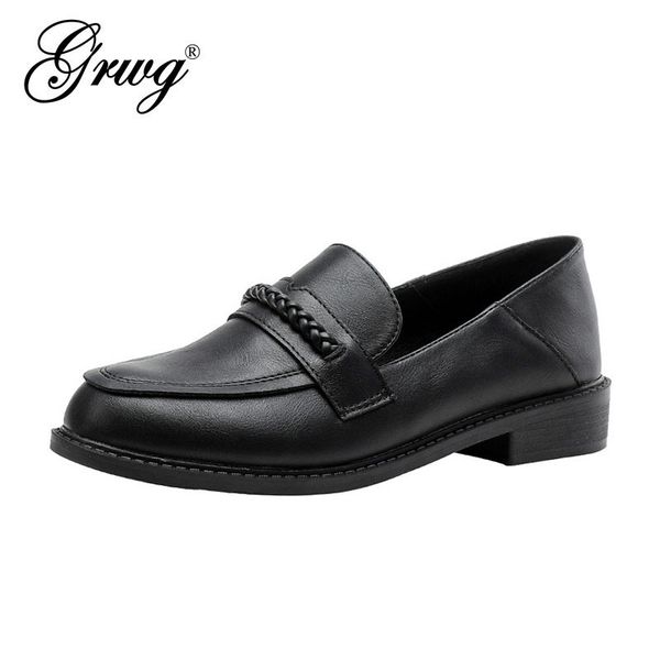 

women genuine leather oxfords fashion round toe slip on flat oxford shoes for women vintage cow leather england oxfords, Black