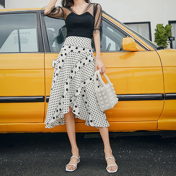 

skirts 2021 short front long back summer midi skirt polka dot print high waist irregular women party holiday street jurken, Black