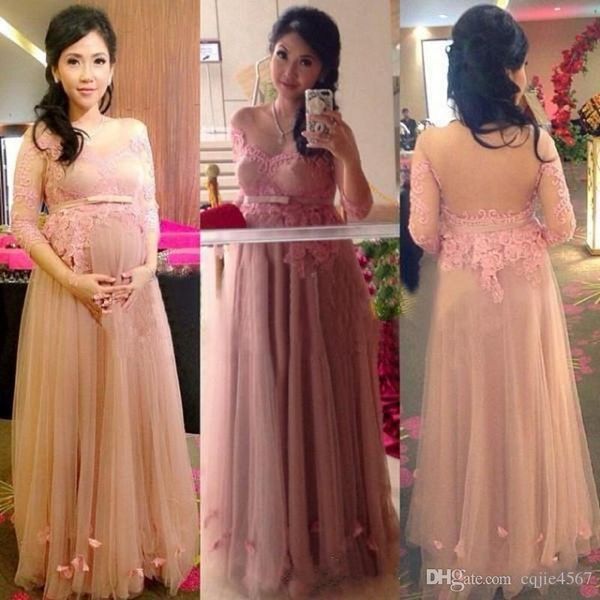 

2019 applique flowers sheer neck half sleeves prom party gowns for pregnant women elegant blush tulle long maternity evening dressses, Black;red