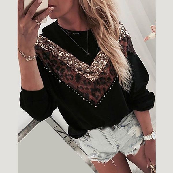 

sweatshirts female ladies fashion sequined leopard stitching long sleeve round neck moletom feminino, Black