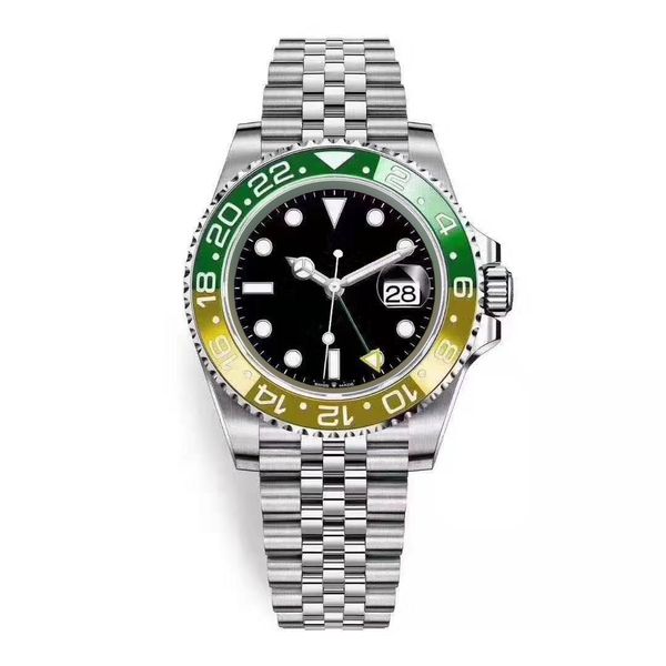 

new mens watch automatic mechanical watches gmt stainless steel yellow orange green ceramic bezel 40mm jubilee strap master wrist watches, Slivery;brown