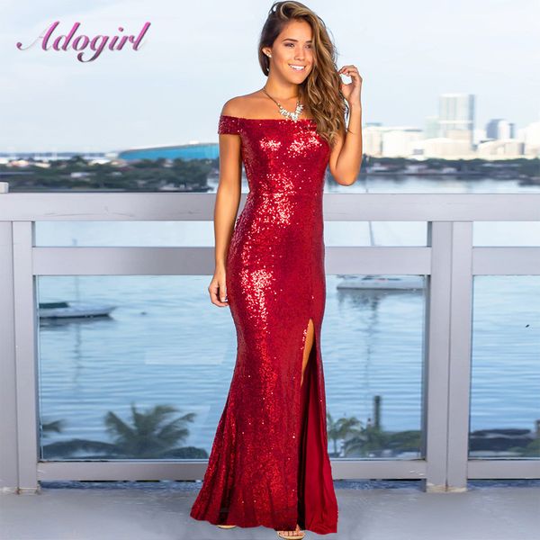 

sequin evening long dress elegant off shoulder backless high split banquet dress women casual night party dresses vestidos, Black;pink
