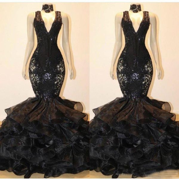 

2019 Black Plus Size Mermaid Prom Dresses Elegant V Neck Cascading Ruffles Formal Evening Gowns With Applique Lace Celebrity Party Dress