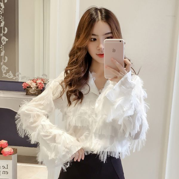 

new arrival autumn shirt korean fashion feathers tassel women blouse 2019 chic loose fashion v-neck elegant shirts female blusas, White