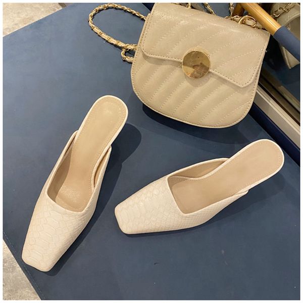 

slippers designer 2021 women square toe high heel casual shoes stone pattern slip on mules spring outdoor slides, Black