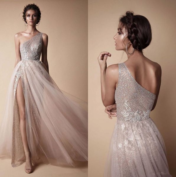 

berta new high side split sequined wedding dresses bohemian one shoulder lace appliqued bridal gowns vestido de novia, White