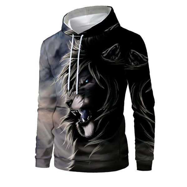 

mens designer new lion 3d digital printing pullover hoodie pattern, Black