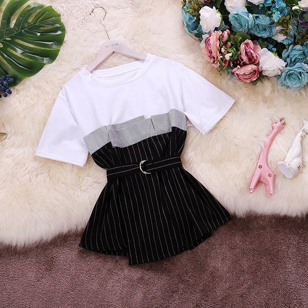 

2020 women summer trendy patchwork t-shirt casual chic slim belted waist striped faux corset patchwork tee top, White
