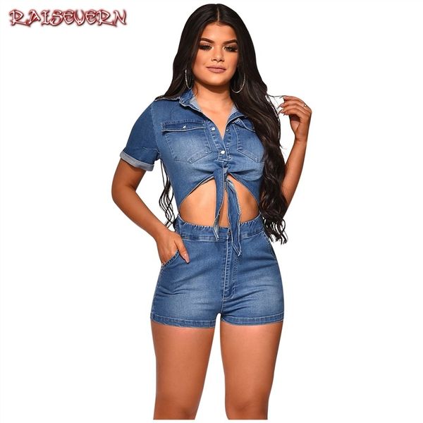 

women blue jeans bodysuit short sleeve one piece pants denim playsuits bow tie rompers women bandage short jumpsuit overall, Black;white