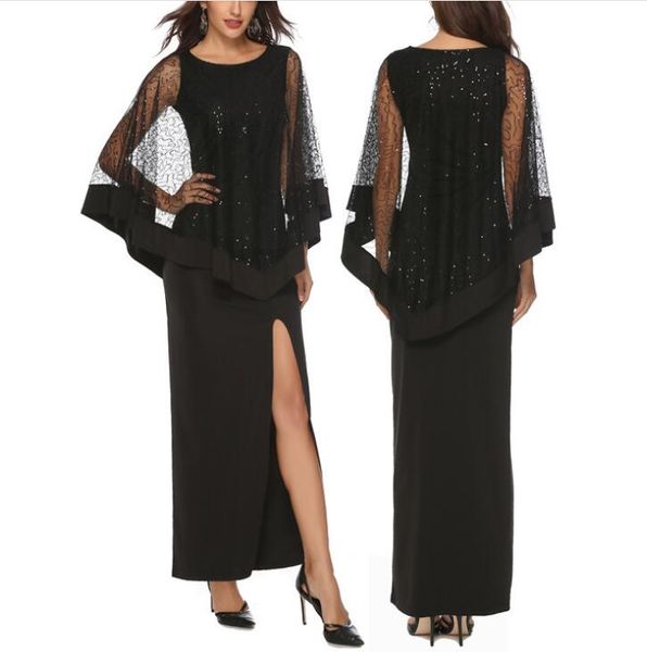 

summer new women fashion elegant black dress sequin lace patchwork party long maxi cloak sleeves dresses vestidos, Black;gray