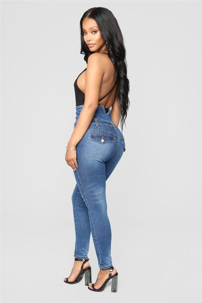 

womens designer four-breasted jeans fashion distrressed elastic pencil pants casual high waist long pants females clothing, Blue