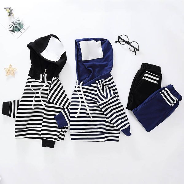 

2019 new boys spring autumn clothes set children long sleeve stripe hooded sweater +pants 2pcs baby boy casual sports suit 1-7 y, White