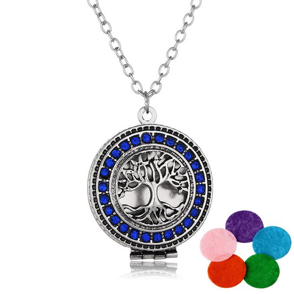 

new rhinestone tree of life locket pendant necklace essential oil aroma diffuser necklace stainless steel jewelry with 23.62"chain, Silver