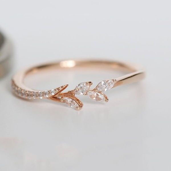 

delicate tiny olive leaves rings for women rose gold color inlaid zircon wedding rings couple promise jewelry anillos mujer, Silver