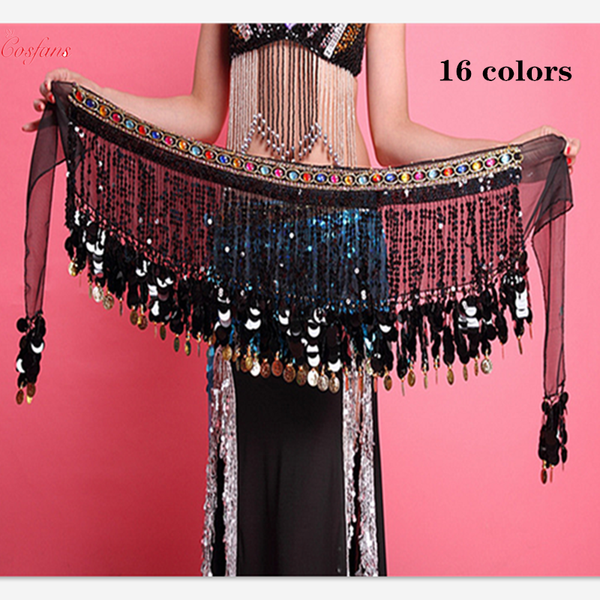 

stage wear belly dance skirt hip scarf sequin fringe wrap coin belts jewelry exotic bellydance costume waistband belt, Black;red