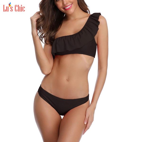 

лу шикарный женский одно плечо бикини установить купальники волан ruffled купальник из двух частей 2 шт твердые купальный костюм, Blue;gray