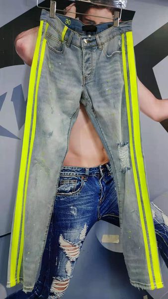 

new arrival mens designer jeans ripped green stripe vintage style hole fashion mens jeans slim motorcycle biker causal mens hip hop pants, Blue