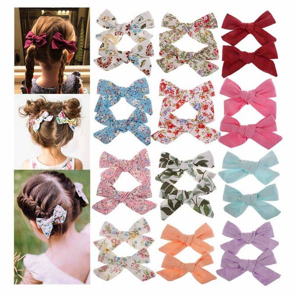 

2pcs fashion baby girls flower printed bohemian style bow bb hair clips headwear children cute cotton hairpins hair accessories, Slivery;white